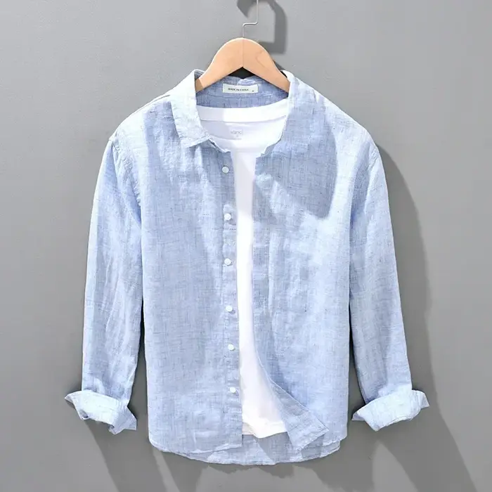 Chemise en lin à manches longues pour hommes, chemise respirante, haut de style coréen, vêtements d'