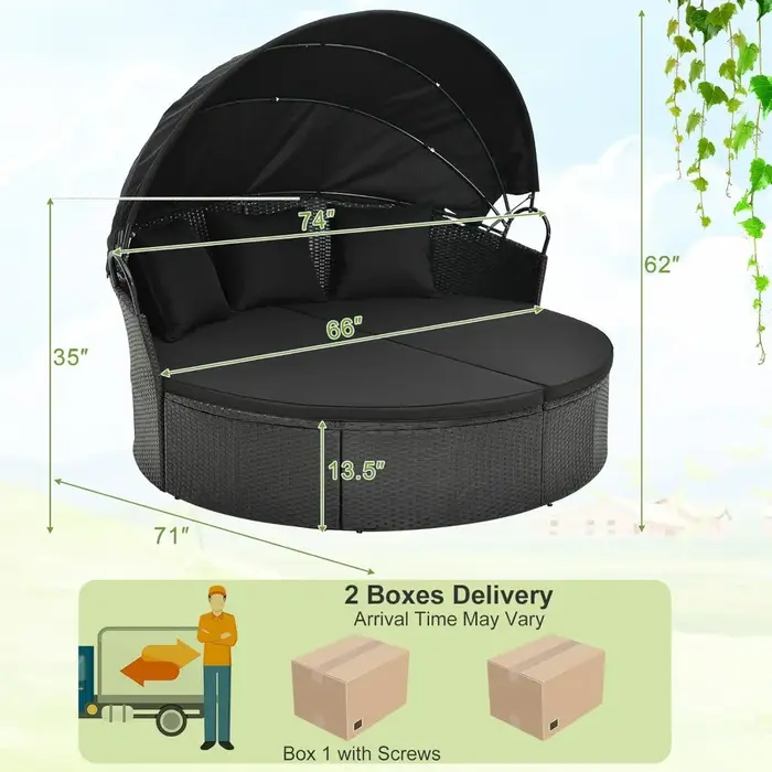 Lit de repos rond pour patio extérieur avec auvent rétractable, sièges sectionnels pour meubles en o