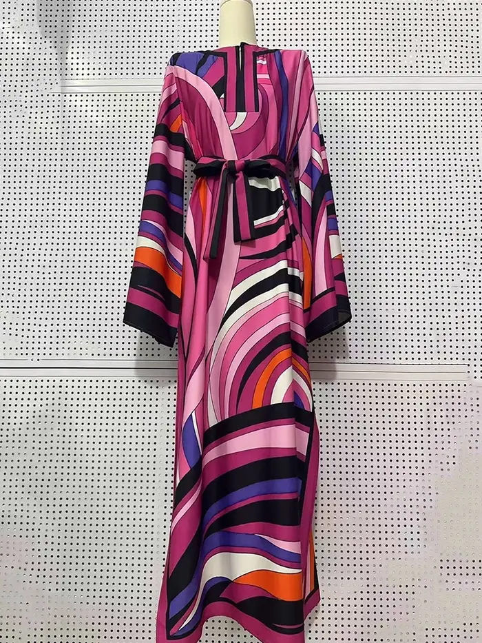 Robe pull à col semi-ouvert à lacets imprimé avec positionnement géométrique rétro pour la mode des 