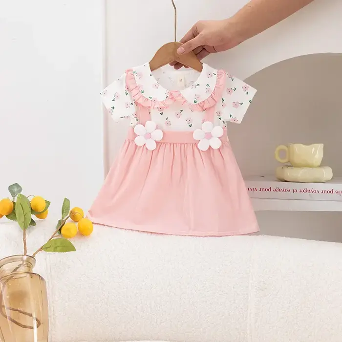 Robe d'été pour petites filles, imprimé floral, dentelle, à revers, mignonne, vacances, deux