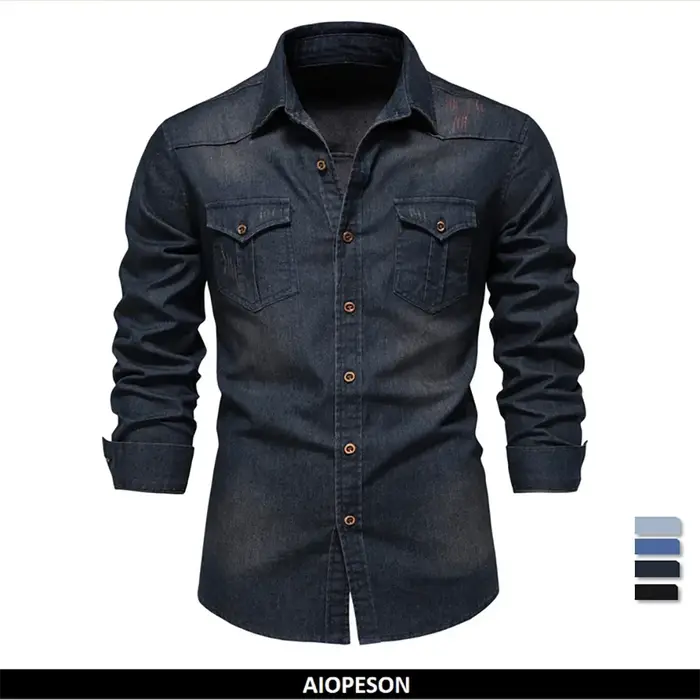 AIOPESON marque élastique coton Denim chemise hommes à manches longues qualité Cowboy chemises pour hommes décontracté mince Fit hommes vêtements de créateur