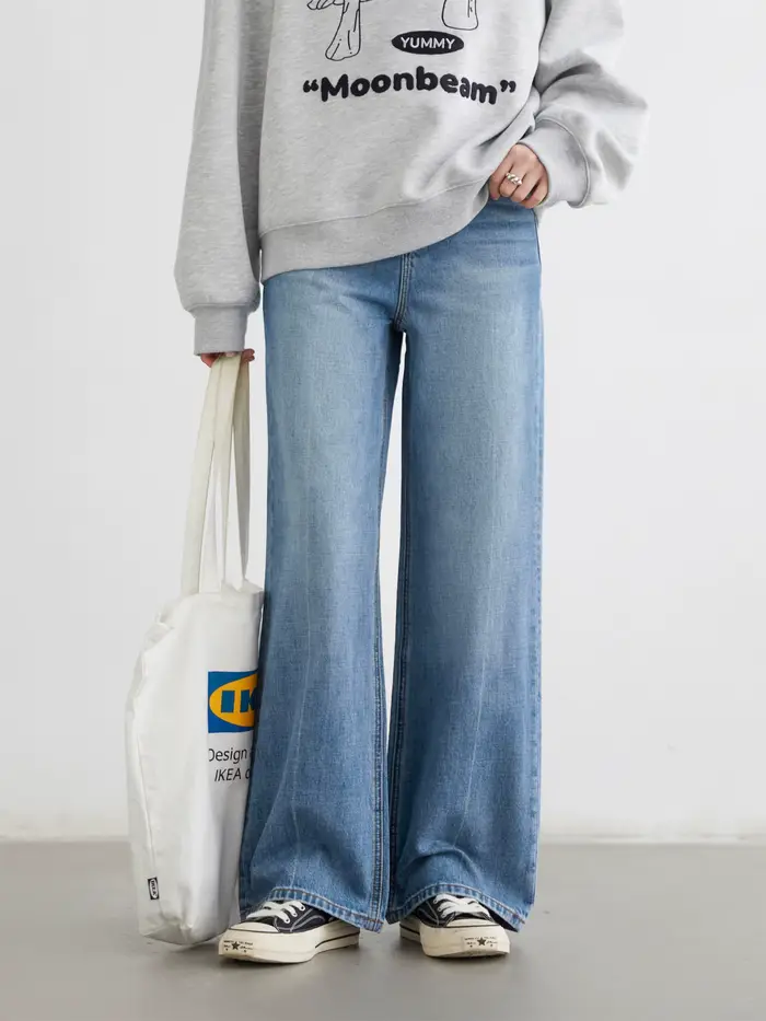 CHIC VEN femmes jean bleu ample décontracté solide nouveau rétro coton jambe large Denim pantalon fe