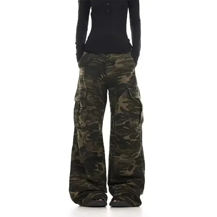 Pantalon de travail camouflage au design délavé rétro américain pour hommes et femmes, jambe droite 