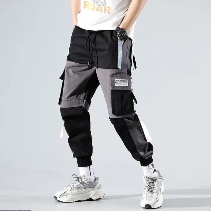 Pantalon cargo homme classique à cordon - Poches à rabat lettré - Coupe ample élastique pour travail et casual
