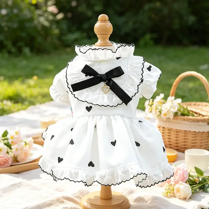 Robe pour animaux de compagnie à imprimé cœur noir, tenue de style Sweet Lolita pour petits chiens e