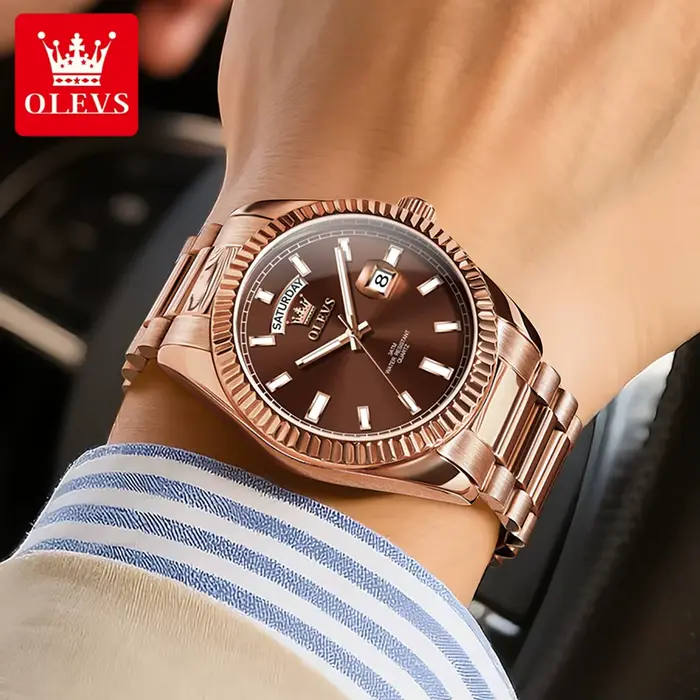 Montre homme luxe OLEVS or rose acier inox étanche avec affichage jour date pour chasseurs