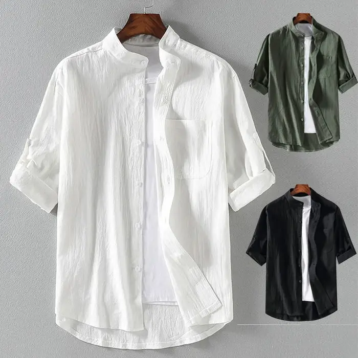 Chemise à manches courtes pour hommes, col montant, cinq points, manches mi-longues, à la mode, manc