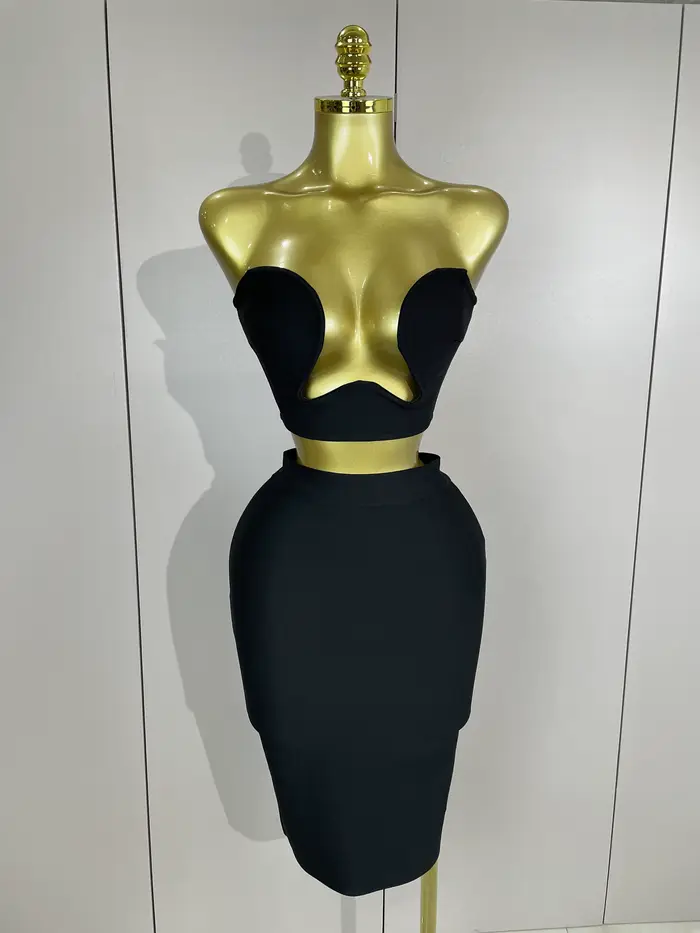 2025 Femmes Sexy Bretelles Dos Nu Noir Bandage Deux Pièces Costume Célébrité Designer De Mode Robe D