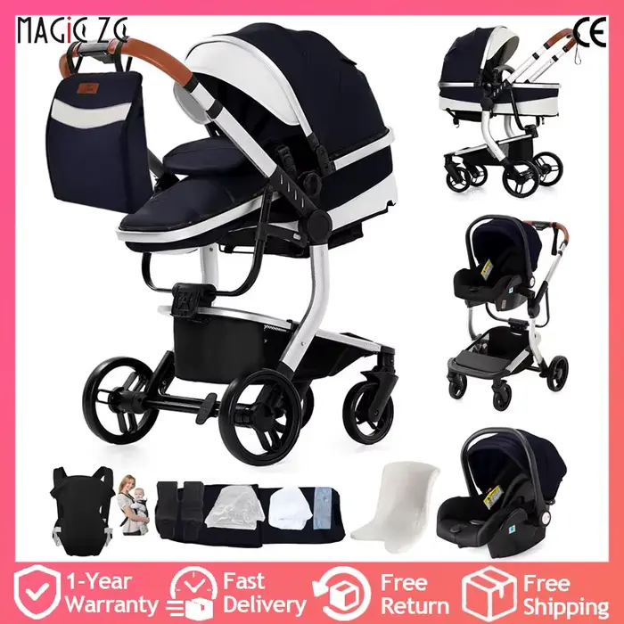 Poussette 3 en 1 en cuir PU pour bébé, avec mousqueton, siège de voiture, absorbant les chocs, imper