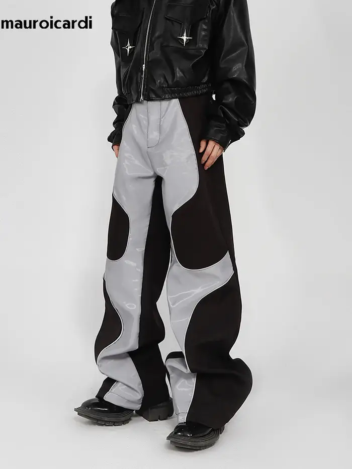Mauroicardi-Pantalon en cuir PU patchwork doux pour hommes, vêtements de créateur de luxe, long et c
