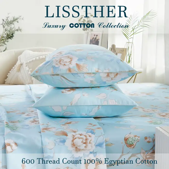 Ensemble de housse de couette 3 pièces 600TC 100% coton égyptien, Vintage bleu clair oiseau aquarell