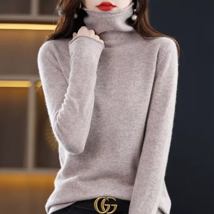 Pull en laine mérinos 100% pour femme, pull à col pileux, en cachemire, décontracté, manches longues