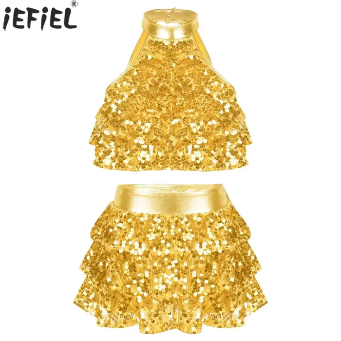 Haut court à plusieurs niveaux avec jupe pour enfants, paillettes brillantes pour filles, ensemble d