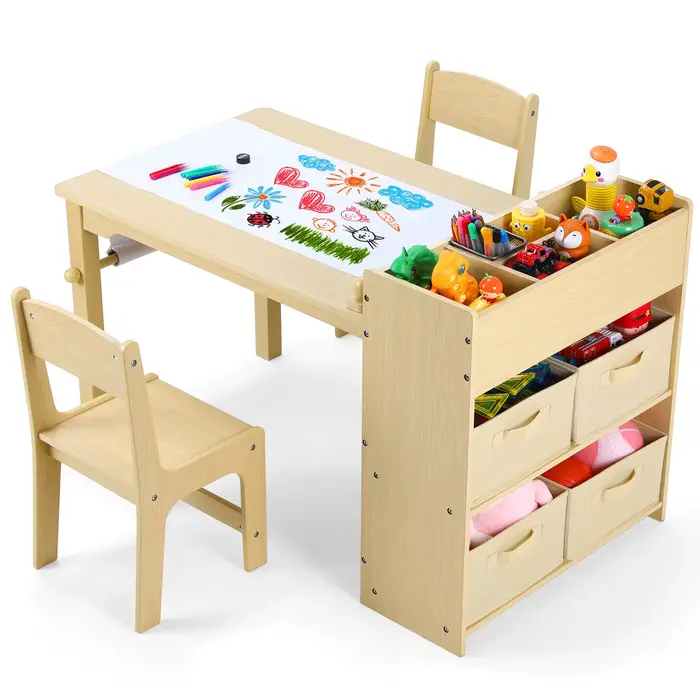 AOOU-Table d'Art et 2 Chaises pour Enfant, Bureau de Dessin Artisanal avec Grandes Étagères de Range