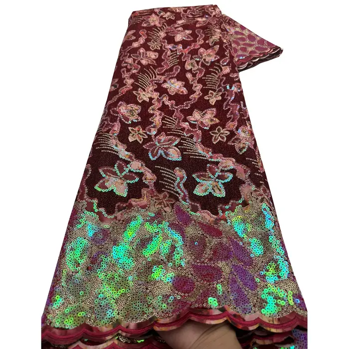 Tissu de dentelle africaine à sequins 5 Yards 2026 – Matière de dentelle Asoebi nigériane de haute q