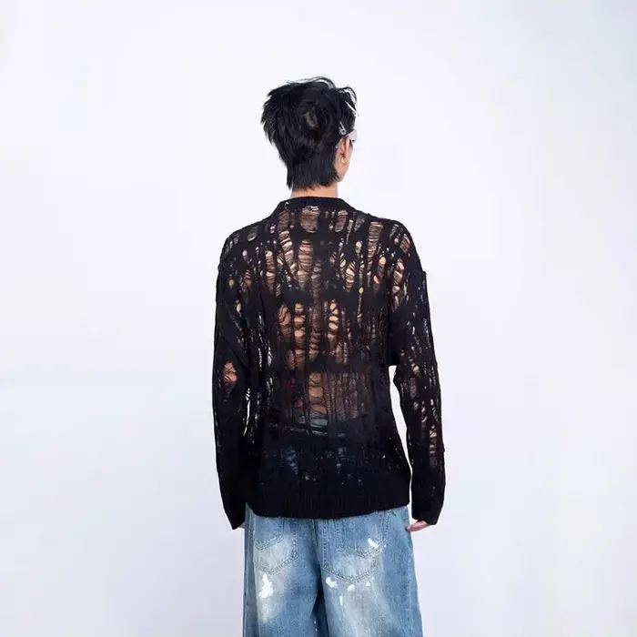 Vintage déchiré évider maille tricot pull hommes automne Streetwear mode col rond à manches longues 