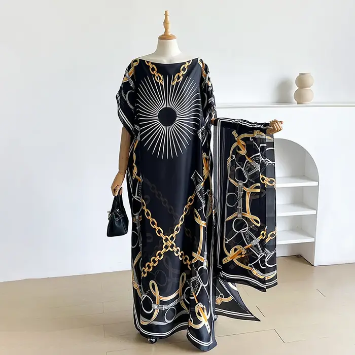 NOUVELLE Robe d'été imprimée tendance avec grande écharpe, Kaftan Dubaï Turquie, Abaya ample musulma