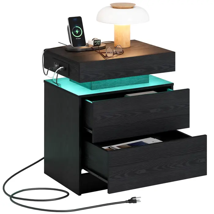 LIKIMIO-Table de chevet avec station de charge, table de chevet moderne avec lumière LED et égouts d