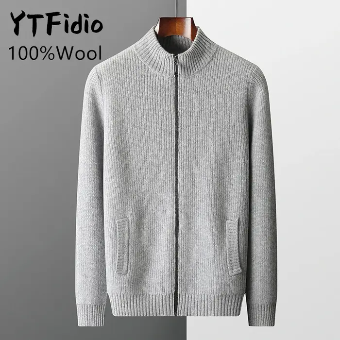 YTFidio-Pull à col mi-haut pour homme, 100% laine, pull à fermeture éclair avec poche, cardigan épai