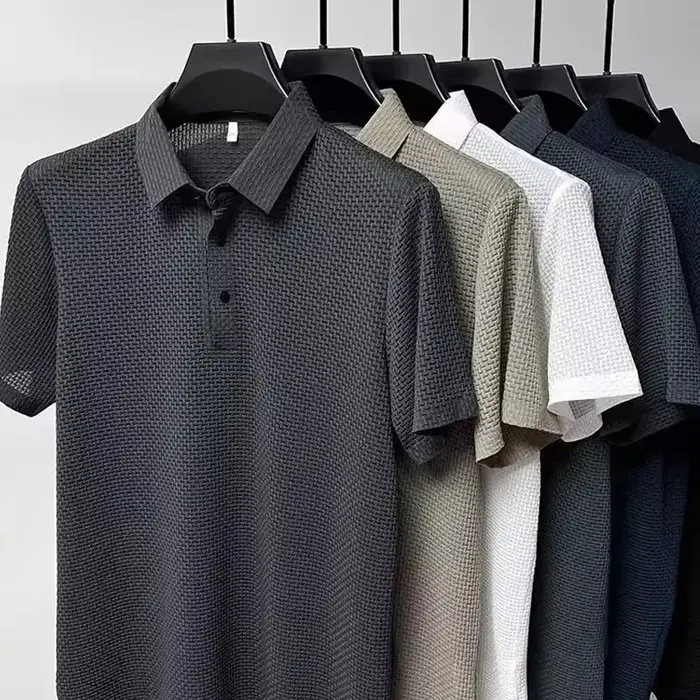 Nouveau T-shirt Polo d'été pour homme à manches courtes ajouré en soie glacée respirante, style prof
