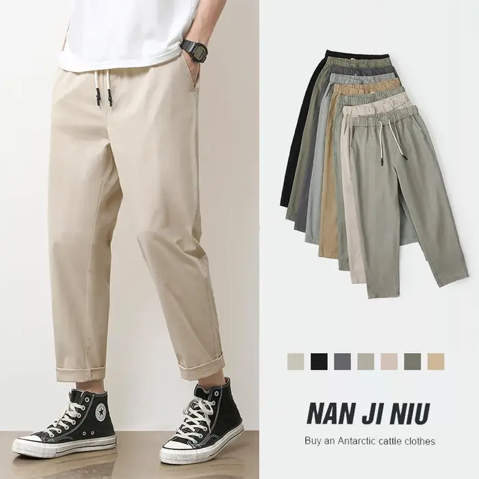 Pantalon décontracté pour homme en coton respirant, couleur unie gris kaki, idéal pour le printemps 