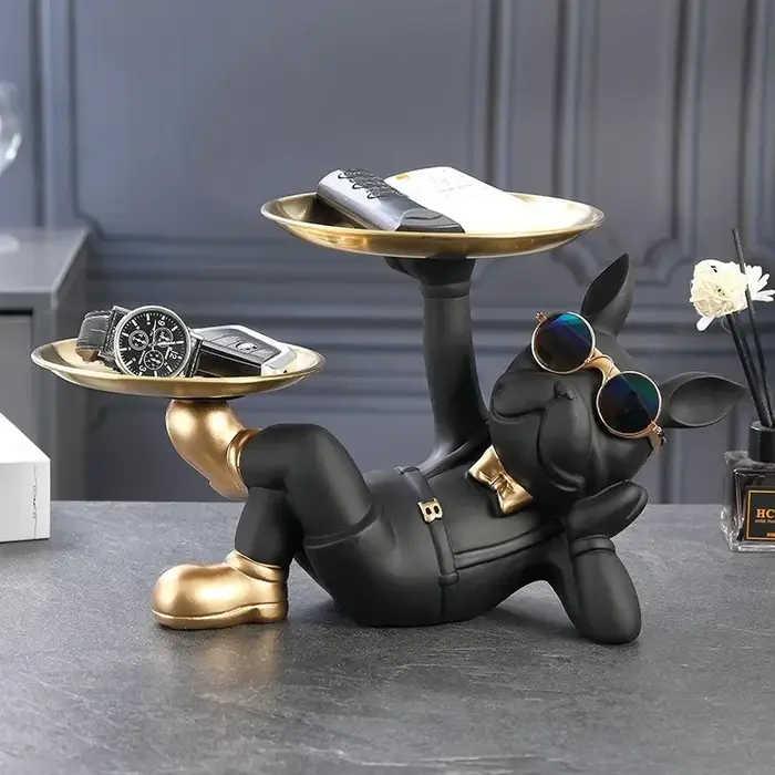 Décor de majordome bouledogue français Cool avec plateau, Statue de chien à grande bouche, boîte de 