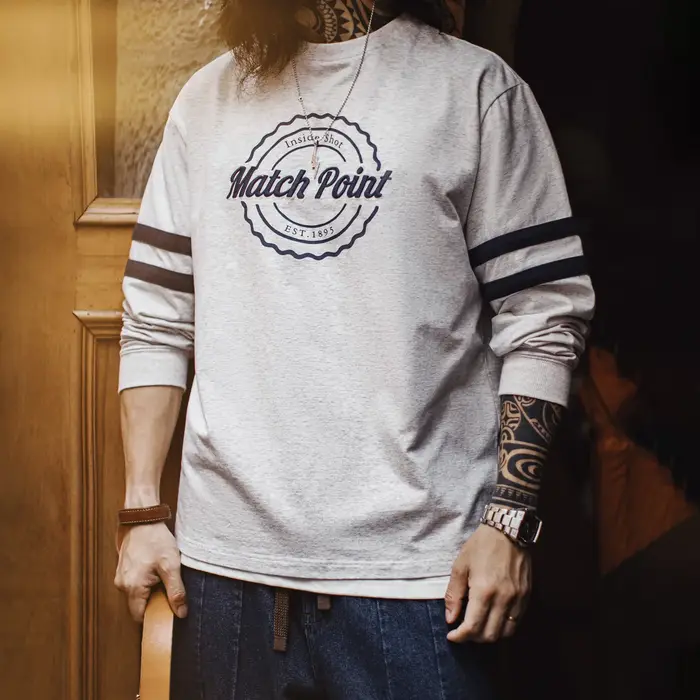 Sweat-shirt rétro à rayures brodées pour hommes, gris, léger, col rond, manches longues, pull en tri