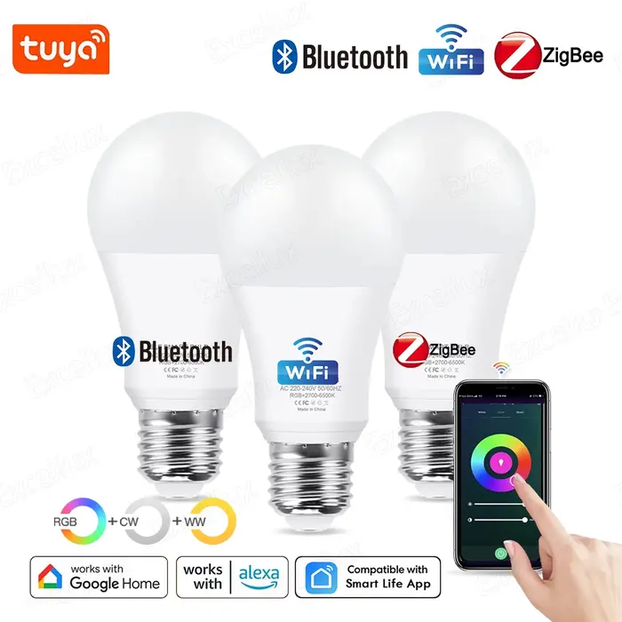 Tuya E27 Zigbee lampe Bluetooth WiFi lampe à LED intelligente RGB + CW + WW 15W ampoule LED fonction