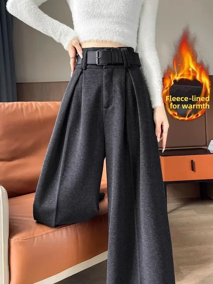Pantalon large en laine gris pour femme, coupe droite, ample et fluide, longueur ras du sol, en molleton épais, idéal automne-hiver