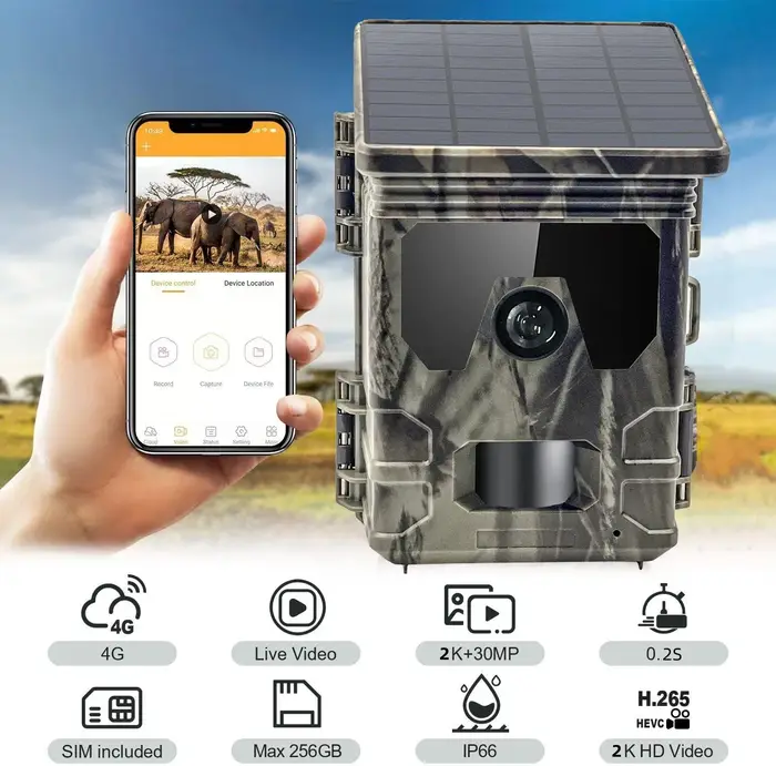 Caméra de chasse solaire extérieure 2K 30MP Vision nocturne 120° °
