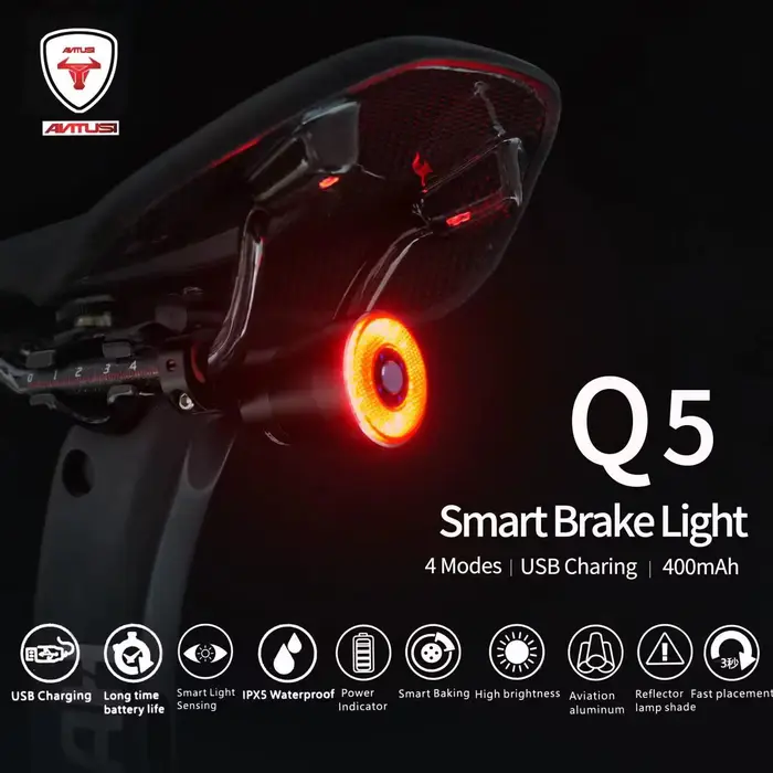Feu arrière de vélo intelligent avec détection de freinage automatique, étanche IPx6, charge LED, fe