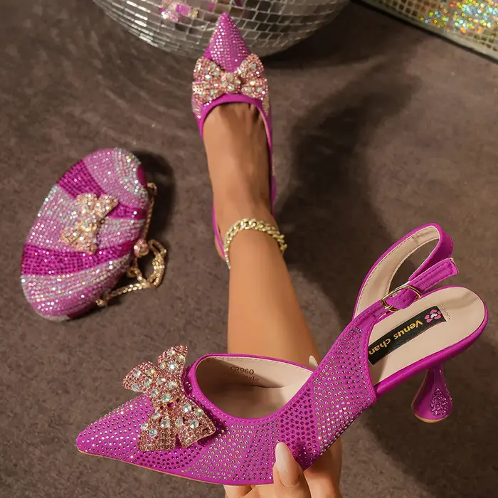 Venus Chan Chaussures pour femmes au design italien et sac papillon en strass – Parfaites pour les m