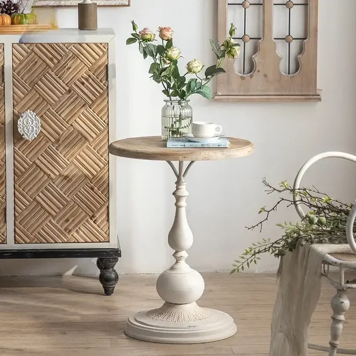 Petite table basse en bois massif vintage français, table d'angle de salon, table d'appoint ronde, t