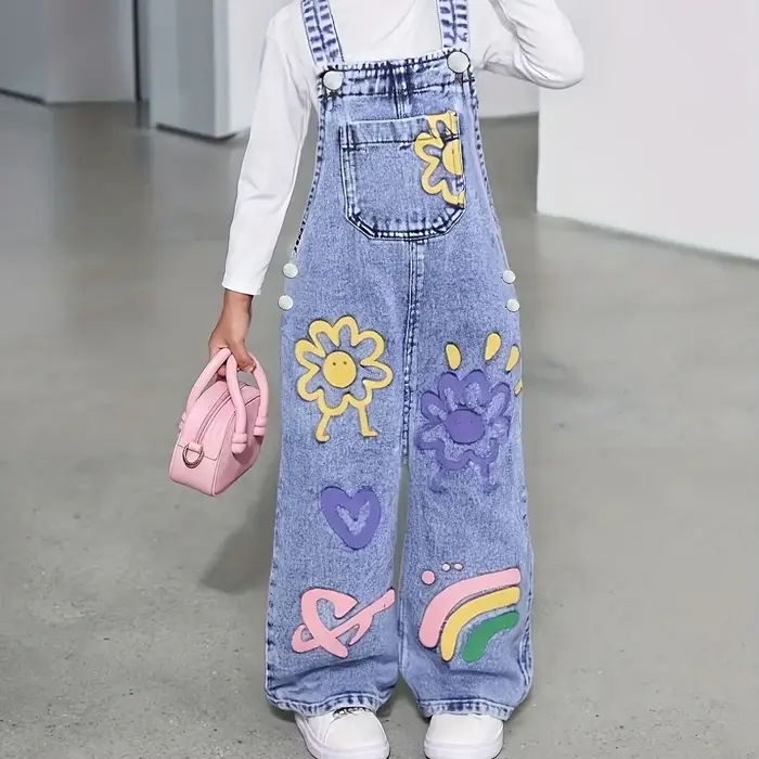Pantalon en denim droit et ample imprimé motif tournesol Y2K pour filles, ajustement parfait, style sportif, confort pour toutes les saisons, cadeau idéal pour les petites exploratrices