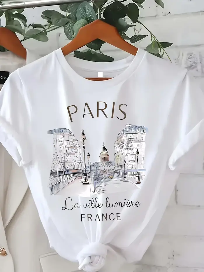 Années 90 T-shirt Paris Femmes Imprimé T-shirt Fille Manches Courtes Col rond Haut Décontracté pour 