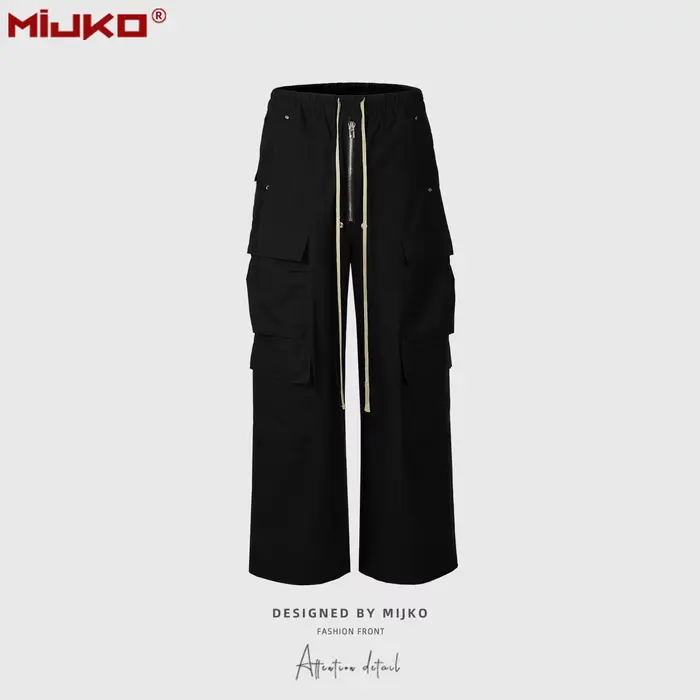 MIJKO jambe large cordon noir Cargo pantalon unisexe droit Baggy salopette décontractée hommes Stree