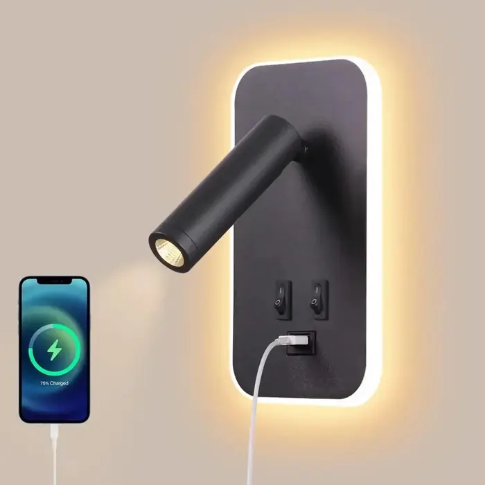 Applique murale LED minimaliste avec chargement USB, avec double interrupteur de commande, tête de l