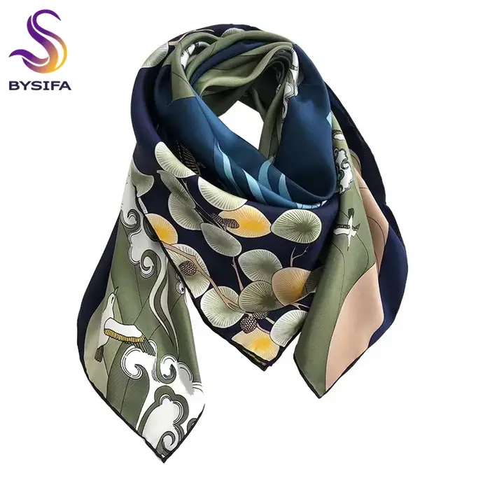 BYSIFA – écharpe carrée en soie Pure pour femme, châle, Hijab, bleu, vert, marque de luxe, collectio