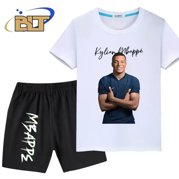 Mbappe-T-shirt de sport à manches courtes imprimé avatar pour enfants, vêtements décontractés pour garçons, objectifs, ensemble 2 pièces, été