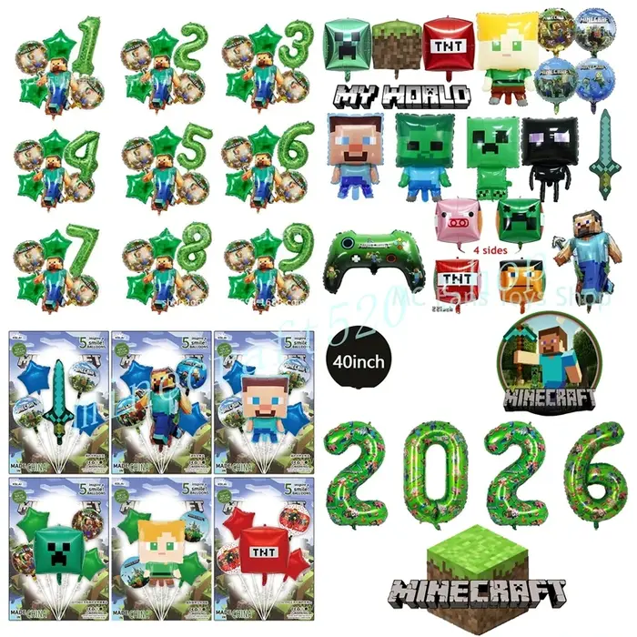 Dessin animé Minecrafte ballon nouveau mon monde Pixel vert numéro 0-9 Film d'aluminium