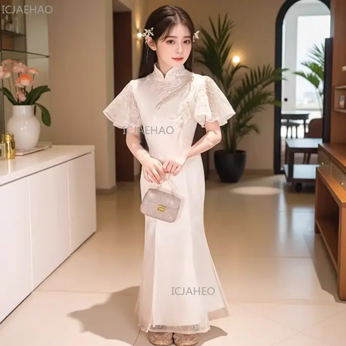Robe Qipao Blanche pour Filles, Robe Enfant, Tenue de Cérémonie pour Enfants, Costume de Fête Formel