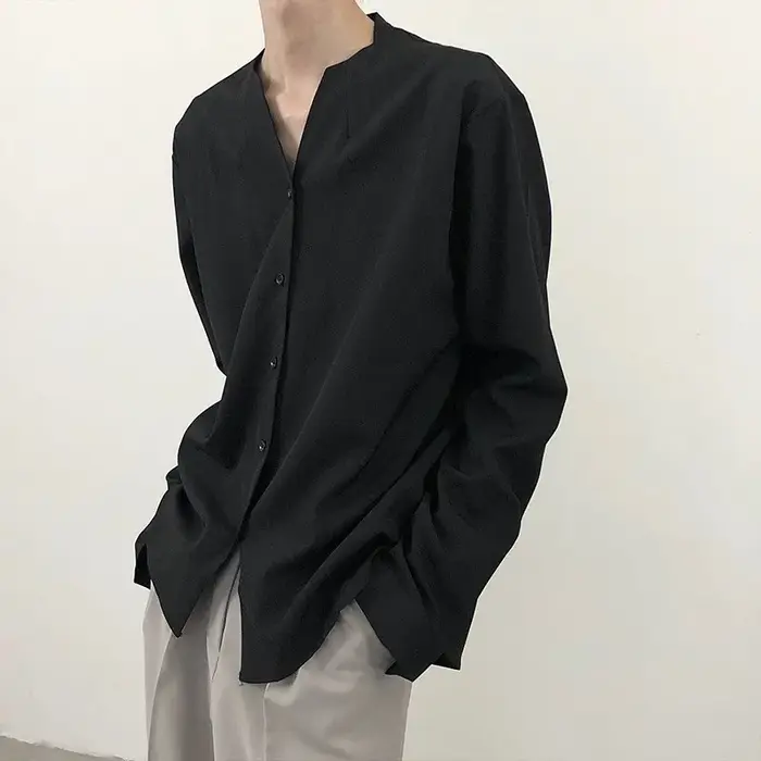 Chemises décontractées sans col Bergame pour hommes, vêtements de printemps solides, boutons vintage