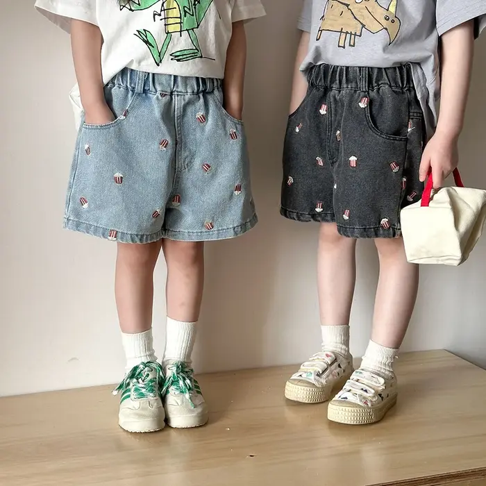 Shorts en jean d'été 2026 pour enfants (80-150 cm) – Broderie Popcorn, taille élastique, décontracté