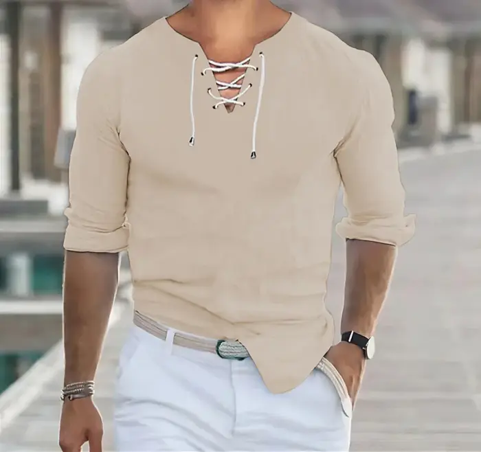 Nouvelle Collection : Chemises Homme Simples à Manches Longues, Col V Tendance avec Lacets, Hauts Dé