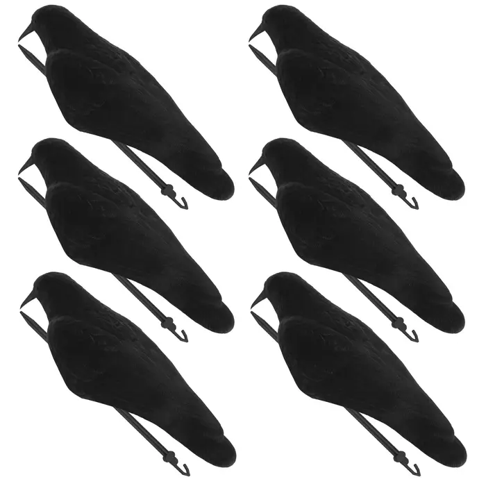 6 leurres corbeaux flockés demi-coquille avec piquets, réalistes en plastique noir pour chasse et jardin