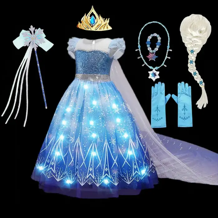 Robe de princesse Elsa pour fille, tenue de cosplay lumineuse pour Halloween, déguisement Frozen pou