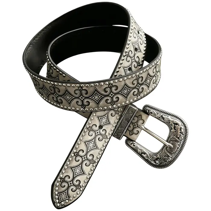 Ceinture en cuir cloutée à motifs vintage avec motifs floraux gris, texture haut de gamme, style hip