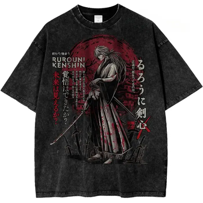 Rurouni Kenshin Anime vêtements Himura Kenshin impression T-shirt hommes Vintage t-shirts lavé coton