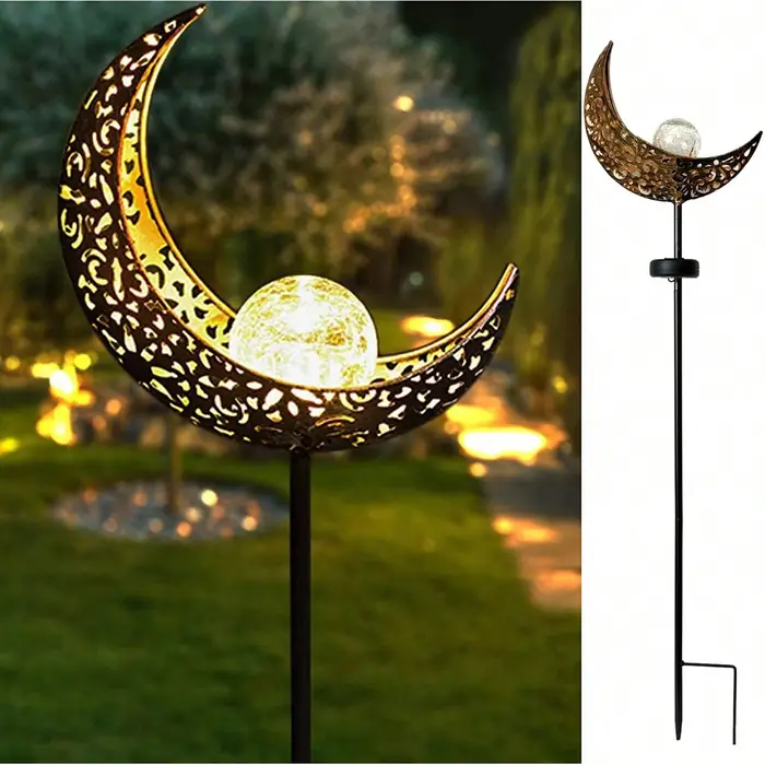 Lumières solaires LED en verre craquelé nickel é de lune, ornement de piquet en métal blanc chaud, l