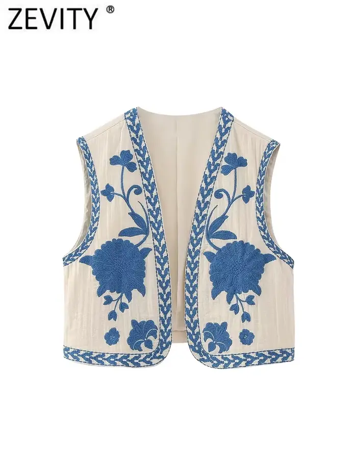 Zevity-Veste Brodée Florale Courte pour Femme, Gilet Décontracté, Style National, Fibre Position, Da